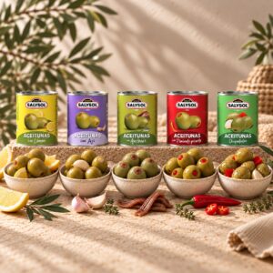 En la imagen los 5 iconicos sabores de aceitunas de Salysol: ajo, anchoa, pimiento rojo, limón y chupadedos
