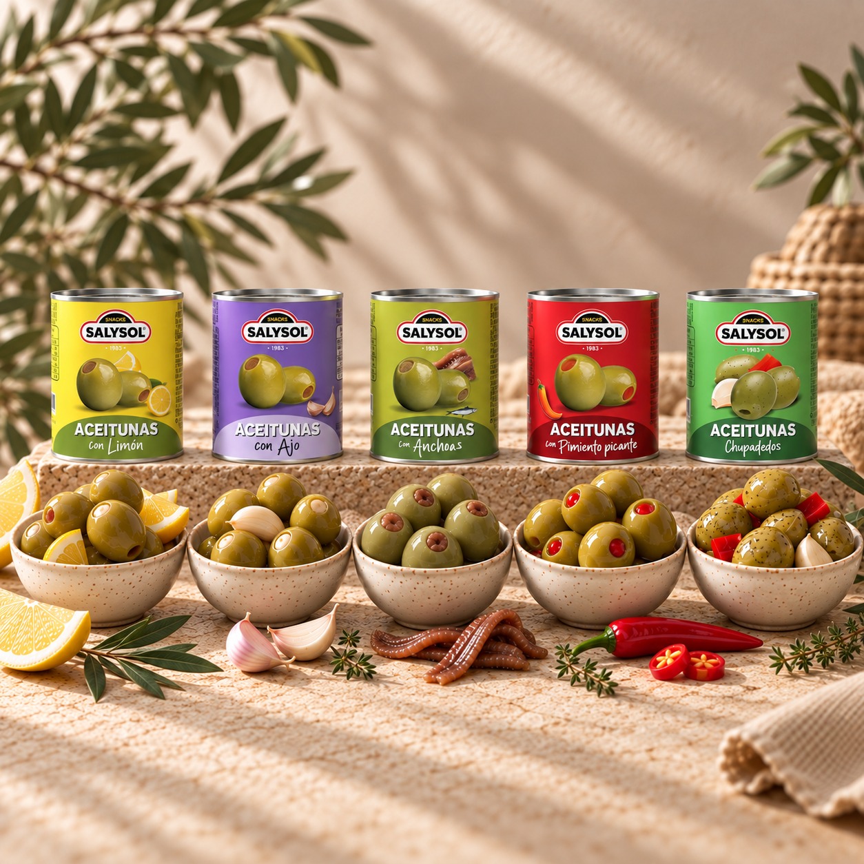 En la imagen aparecen cinco latas de aceitunas con los sabores clásicos de salysol. De izquierda a derecha sale aceitunas con limon, aceitunas con ajo, con anchoas, con pimiento rojo y chupadedos. Delante aparecen bowls con contenido de las mismas.